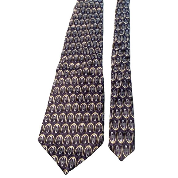 Stafford Mens Silk Tie Purple and Gold Geometric Pattern Necktie - Picture 1 of 5